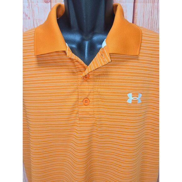 Under Armour HeatGear Mens Polo Shirt Large Orange Striped Athletic Fit - Picture 3 of 9